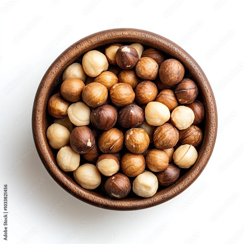 Top view of a wooden bowl filled with macadamia nuts isolated on white background
