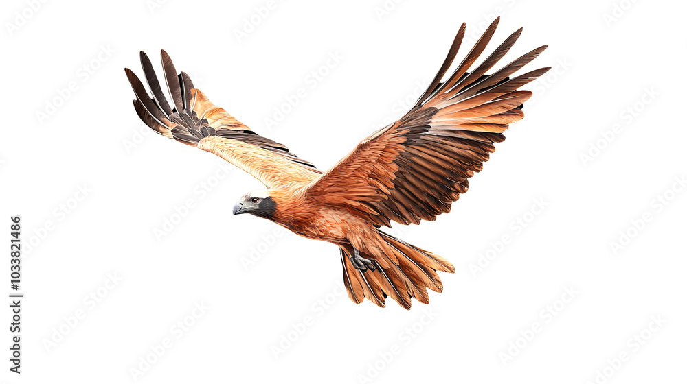 Obraz premium Eagle in flight, wings spread, vibrant plumage, white isolate background