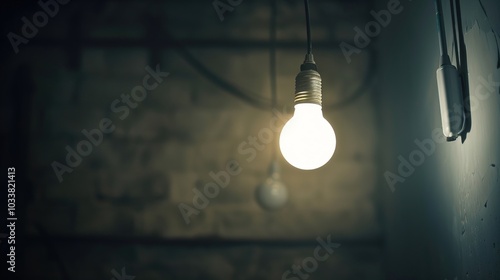 Dark empty room with single flickering light bulb casting long shadows, emphasizing absence of power and eerie atmosphere, minimalist setting with focus on light bulb's glow.