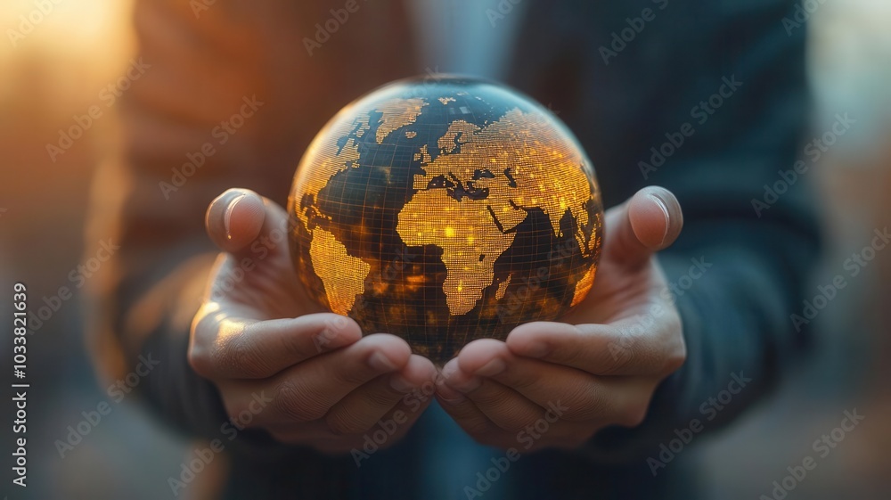 Fototapeta premium Businessman s hands with floating international financial markets, showcasing global portfolio diversification