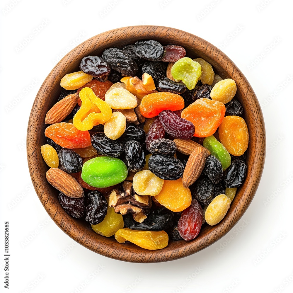 Top view of a wooden bowl filled with mixed dry fruits isolated on white background Top view of a wooden bowl filled with mixed dry fruits isolated on white background