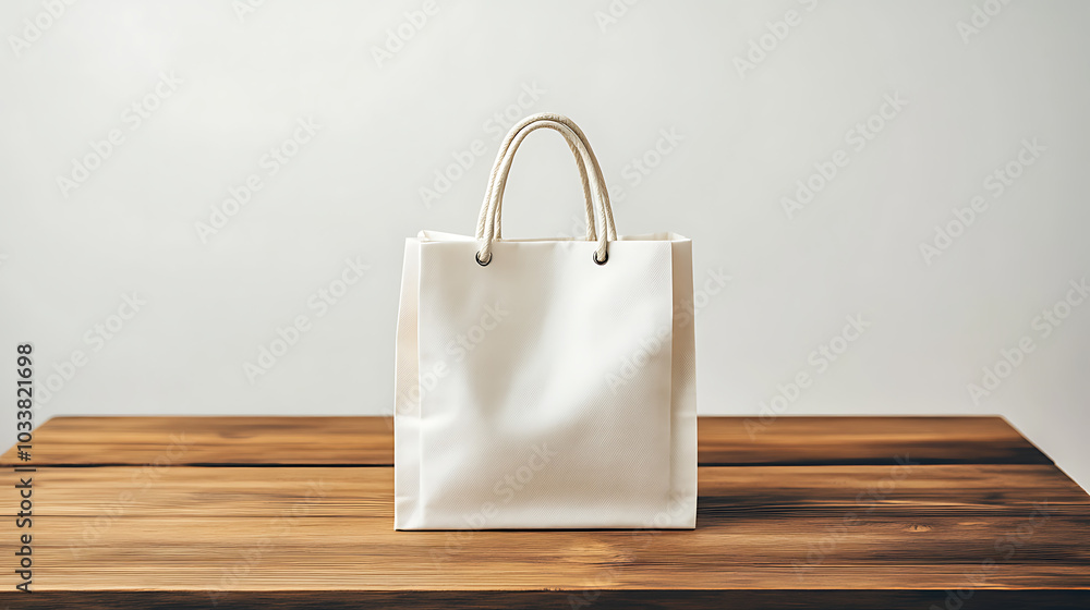 A front view photo of a single white shopping bag placed on a simple wooden table, with a plain white background, taken in a studio style with warm tones and bright colors. A front view photo of a single white shopping bag placed on a simple wooden table, with a plain white background, taken in a studio style with warm tones and bright colors.