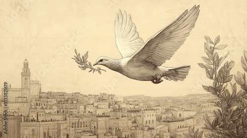 A dove carrying an olive branch in its beak flies over a bustling city as the people below look up in awe and wonder symbolizing the message of peace return photo