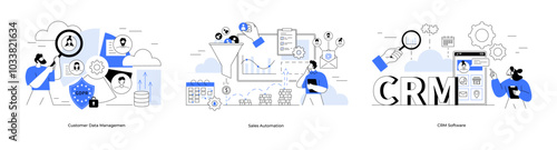 People managing customer data, automating sales tasks and using CRM software. Ideal for marketing, business solutions, data management, sales processes, and digital tools. Metaphor blue simple
