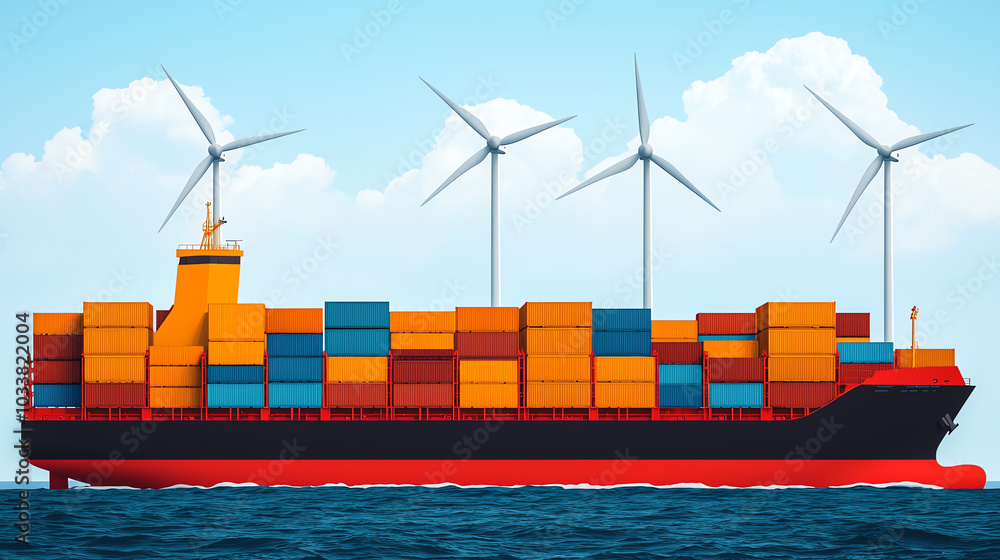 Naklejka premium Cargo ships with wind turbines, ecofriendly design crossing global trade routes