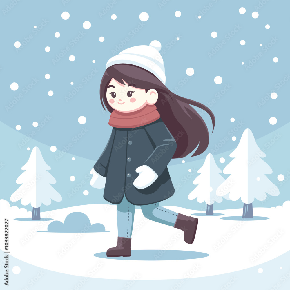 Winter Theme Anime Girl Walking Outdoor