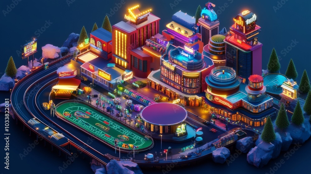Dynamic 3D racetrack casino model with lively atmosphere Dynamic 3D racetrack casino model with lively atmosphere