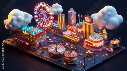 Isometric 3D model of vibrant casino boardwalk scene