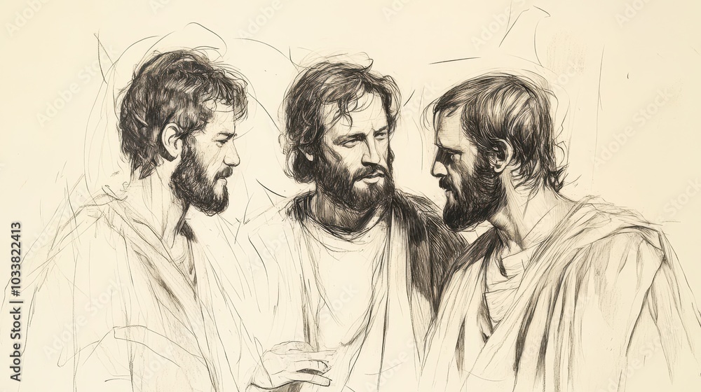Disciples Philip and Andrew approach Jesus with a thoughtful expression relaying the request of the Greeks while Jesus listens intently contemplating the significance of the moment Disciples Philip and Andrew approach Jesus with a thoughtful expression relaying the request of the Greeks while Jesus listens intently contemplating the significance of the moment