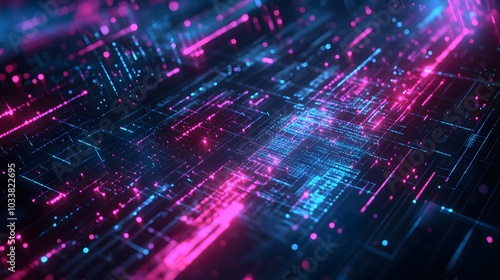 Abstract Digital Circuitry with Glowing Pink and Blue Lines and Dots