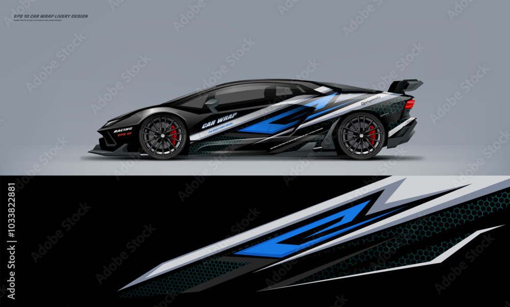 Naklejka premium Sport racing supercar wrap livery design blue color combination for universal medium vector eps10 ready to print printable file