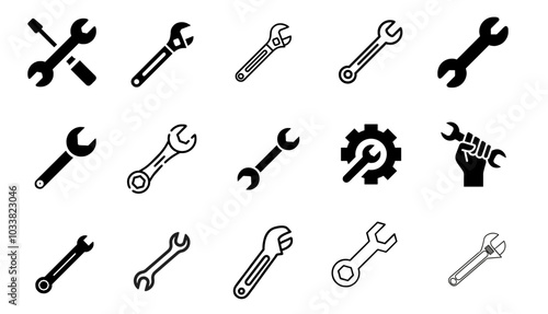 Wrench liner and solid icon set in black and white color Vector 