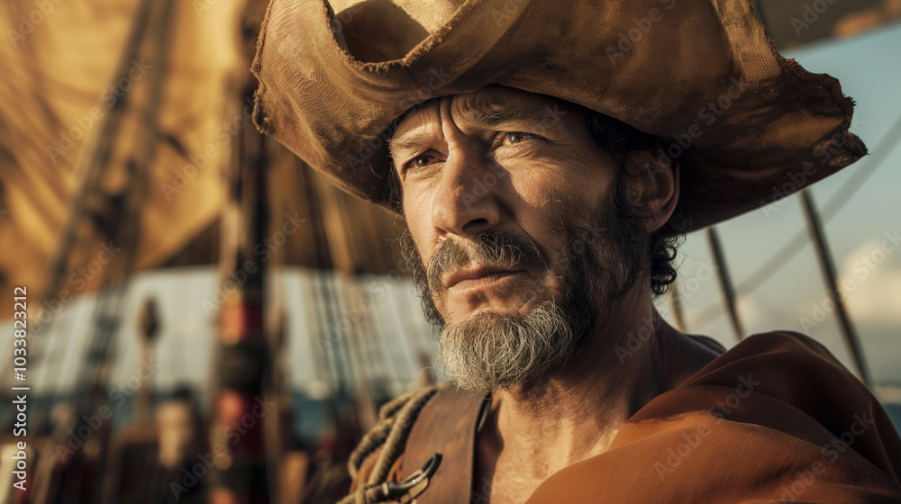 Man dressed as Christopher Columbus on a ship, contemplative.