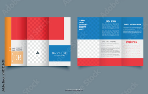 Corporate trifold brochure template. Modern, Creative, and Professional tri-fold brochure vector design. Simple and minimalist layout with blue and red colors. Vector illustration.