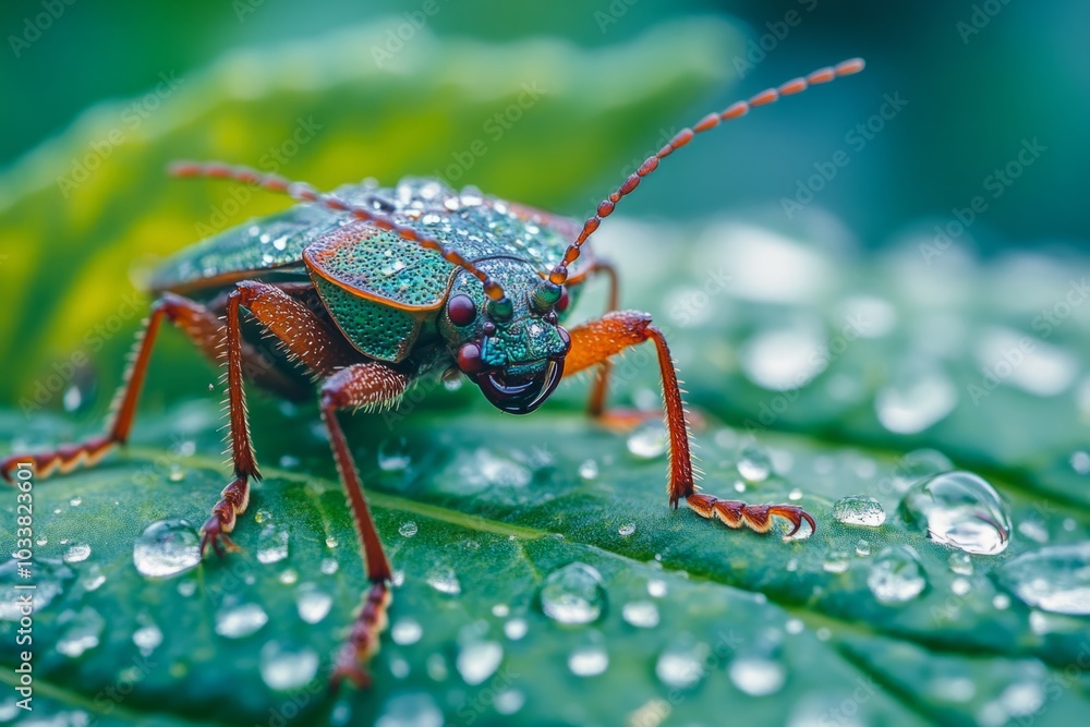 A vibrant close-up of a bug resting on a green leaf. Water droplets create a beautiful effect. This image captures nature in all its detail. Generative AI A vibrant close-up of a bug resting on a green leaf. Water droplets create a beautiful effect. This image captures nature in all its detail. Generative AI