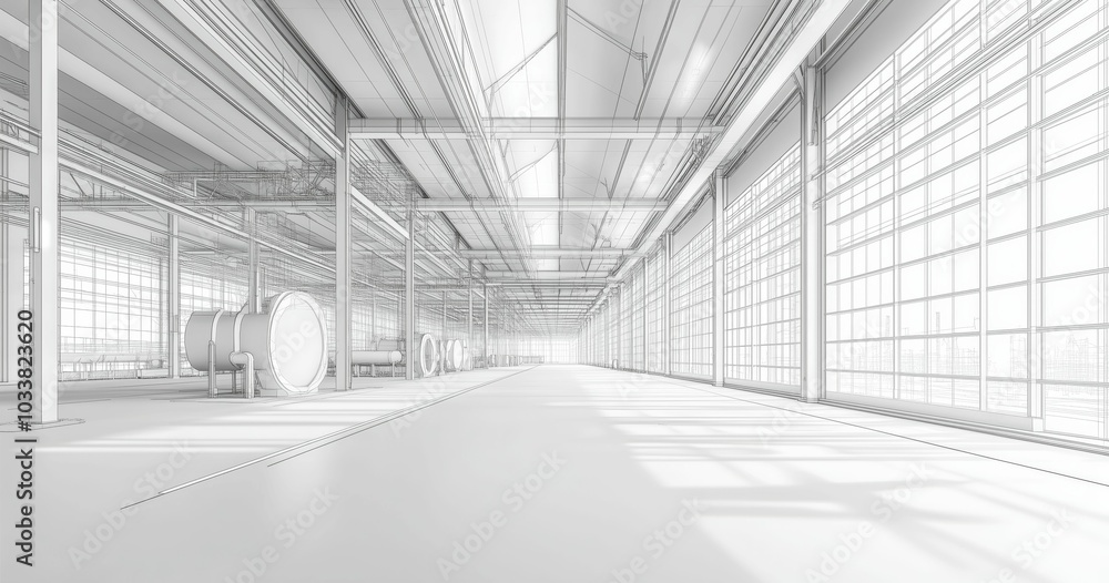 Fototapeta premium Modern Industrial Warehouse Interior with Bright Natural Light and Open Space