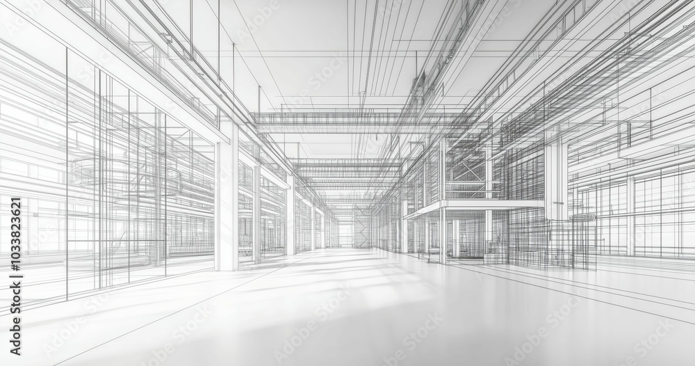 Futuristic Industrial Space Render with Wireframe Design in Monochrome Futuristic Industrial Space Render with Wireframe Design in Monochrome