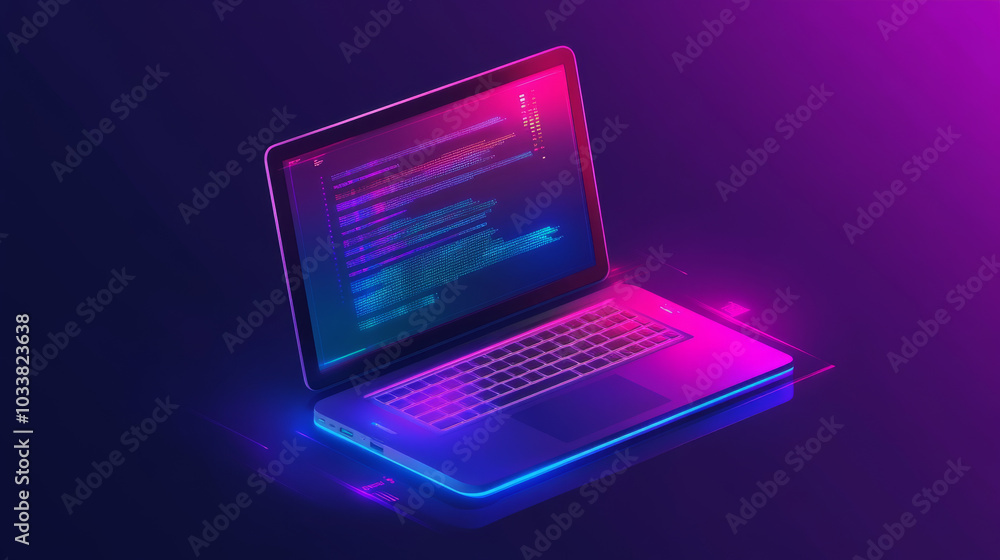 A conceptual representation of software and web development, showcasing abstract programming languages and code displayed on a laptop screen. The design features a polygonal style, emphasizing themes A conceptual representation of software and web development, showcasing abstract programming languages and code displayed on a laptop screen. The design features a polygonal style, emphasizing themes