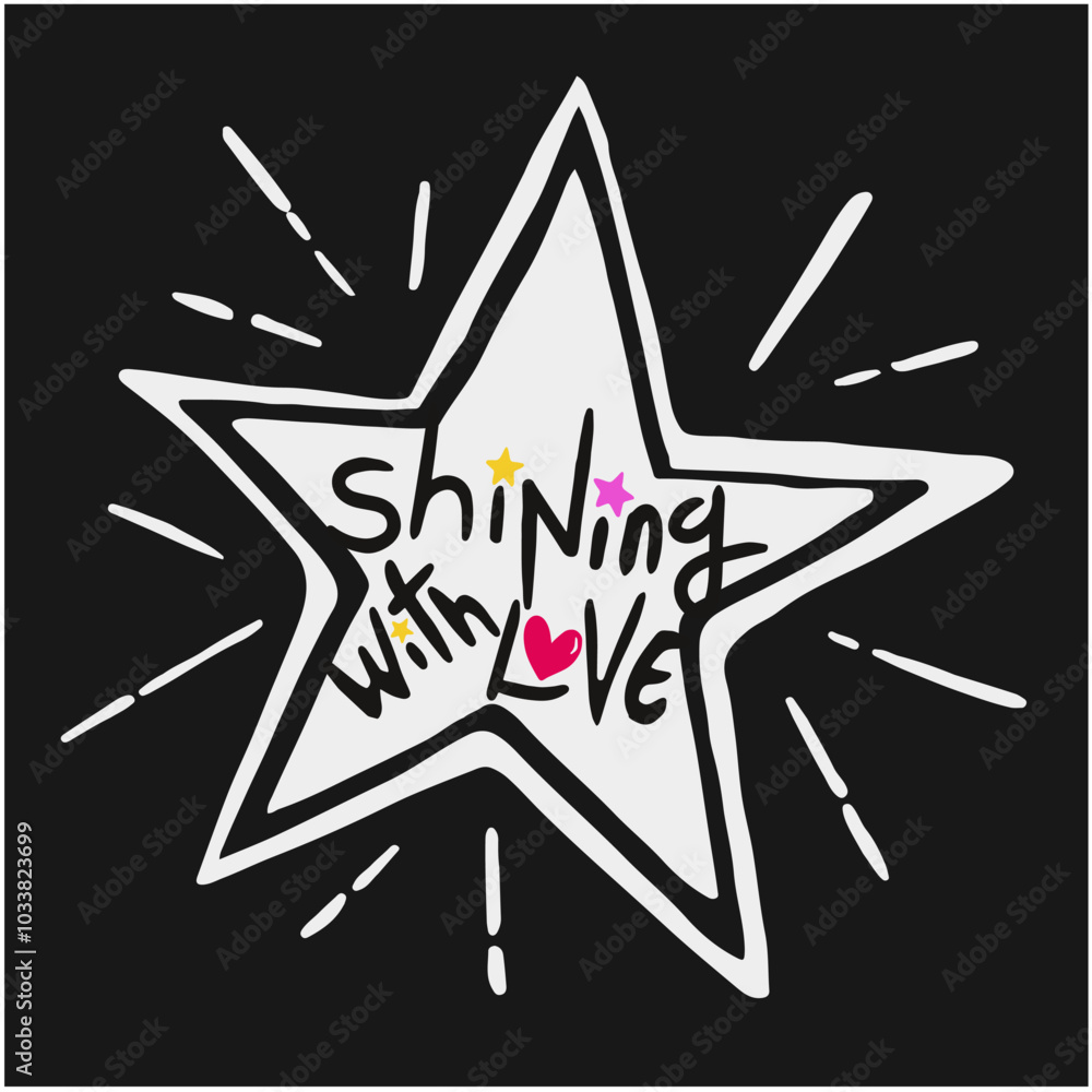 Hand drawn shining star graphic with slogan “SHINING WITH LOVE”,Colorful Stars and Pink Heart Hand drawn shining star graphic with slogan “SHINING WITH LOVE”,Colorful Stars and Pink Heart