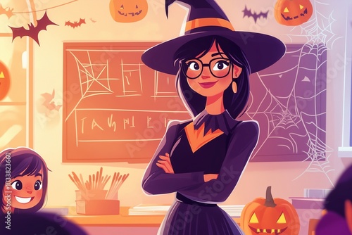 An illustration of a cheerful teacher dressed as a witch in a Halloween-themed classroom, with decorations like Jack O'Lanterns and spider webs, interacting with excited children.