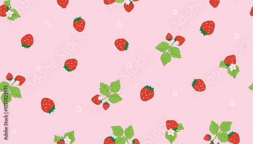 Seamless Strawberry Pattern with Ditsy Flowers,Vector Fabric Pattern Design