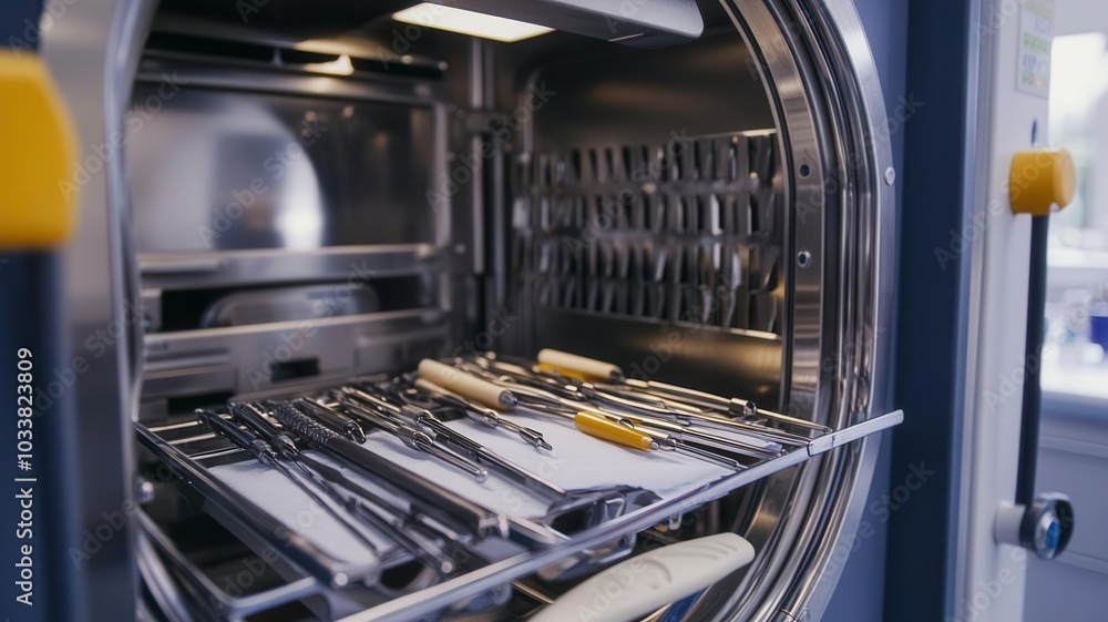 Sterile surgical tools being placed in an autoclave, emphasizing proper sterilization practices in medical environments Sterile surgical tools being placed in an autoclave, emphasizing proper sterilization practices in medical environments