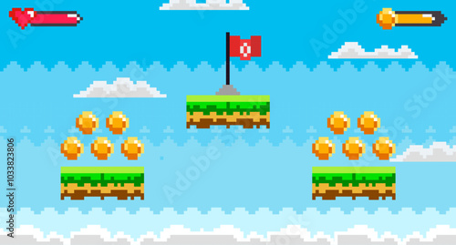 Pixel art style scene with platforms floating in the sky, coins for collecting, a checkpoint flag, health and progress indicators. Ideal for gaming, retro style, pixel art, platformers, level design