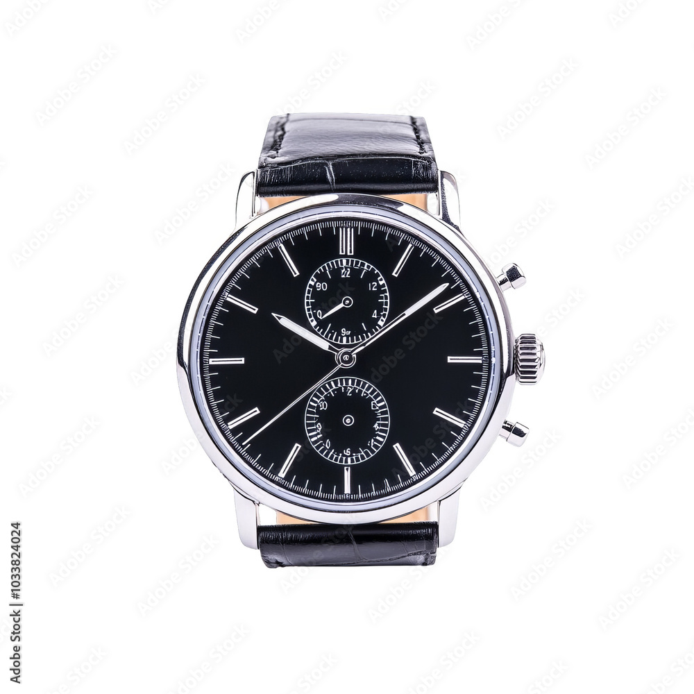 Elegant black chronograph watch with a leather strap, white isolate background. Elegant black chronograph watch with a leather strap, white isolate background.