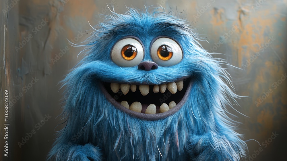 Adorable blue monster with a furry mane, large eyes, and a wide grin. Ideal for creative projects, fantasy themes, and children's entertainment Adorable blue monster with a furry mane, large eyes, and a wide grin. Ideal for creative projects, fantasy themes, and children's entertainment