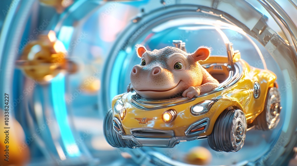 Obraz premium Cheeky Baby Hippo in Futuristic Racing Car