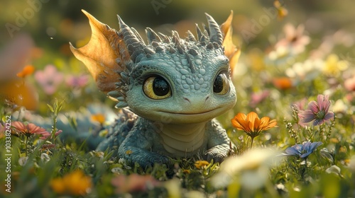 Cute baby dragon rests in a meadow of colorful wildflowers, basking in the warm sunlight of a serene summer day, creating a magical scene capturing the essence of spring