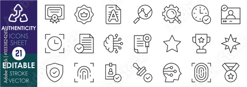 A set of line icons related to Authenticity. Fingerprint, Seal of Approval, certificate, checkmark, star, genuine, watermark, magnifying glass, and so on. Vector editable stroke.