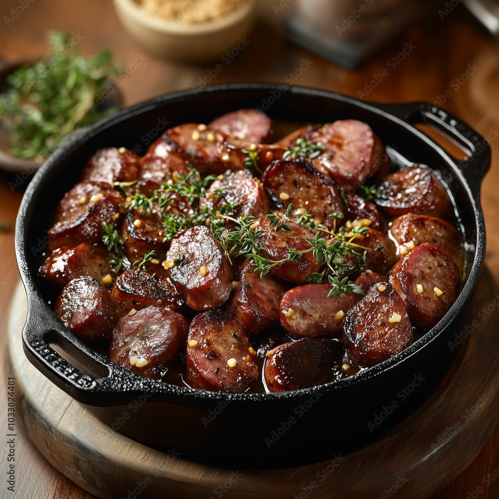 Sausage Dish with Fresh Herbs Served in Cast Iron Skillet Sausage Dish with Fresh Herbs Served in Cast Iron Skillet