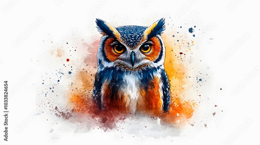 Fototapeta premium A watercolor owl with vibrant patterns, perfect for DIY projects like tote bags or art prints