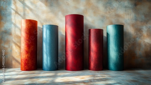 Colorful cylindrical blocks arranged against a textured wall photo