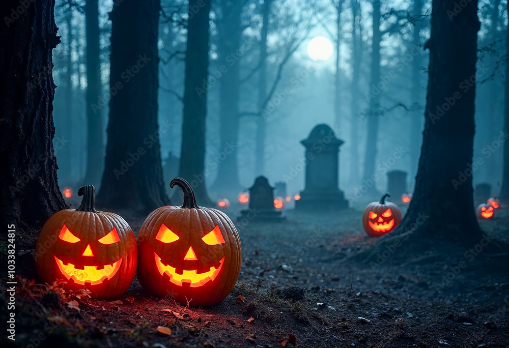 Glowing Pumpkins in a Dark, Haunted Forest Glowing Pumpkins in a Dark, Haunted Forest