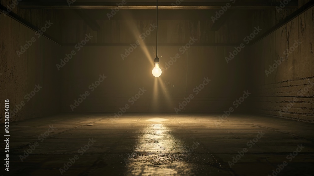 Dark empty room with single flickering light bulb casting long shadows, emphasizing absence of power and eerie atmosphere, minimalist setting with focus on light bulb's glow. Dark empty room with single flickering light bulb casting long shadows, emphasizing absence of power and eerie atmosphere, minimalist setting with focus on light bulb's glow.
