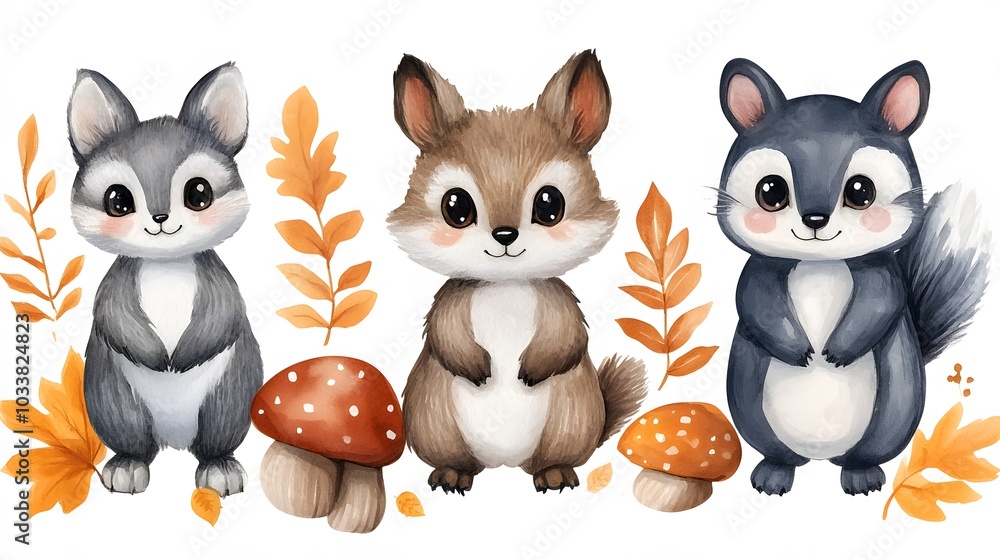 Fototapeta premium Whimsical woodland animals, leaves, and mushrooms hand-painted in watercolor, ideal for textile design and home decor