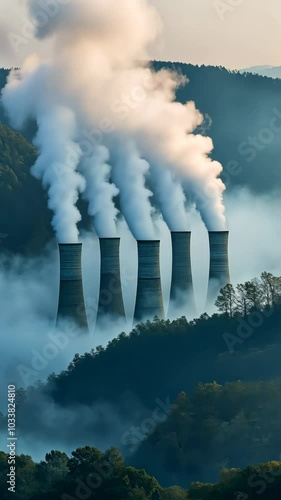 Cooling towers emitting steam in forested