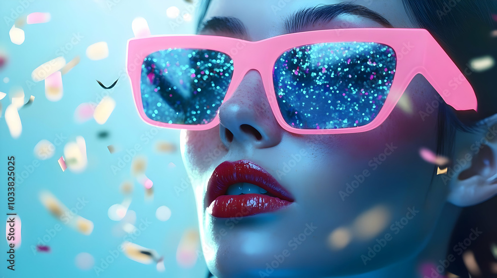 Vibrant Woman in Neon Sunglasses Surrounded by Confetti Vibrant Woman in Neon Sunglasses Surrounded by Confetti