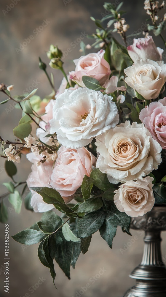 Romantic and elegant display of pink and white roses in a silver vase, with a charming vintage touch, suitable for any occasion Romantic and elegant display of pink and white roses in a silver vase, with a charming vintage touch, suitable for any occasion