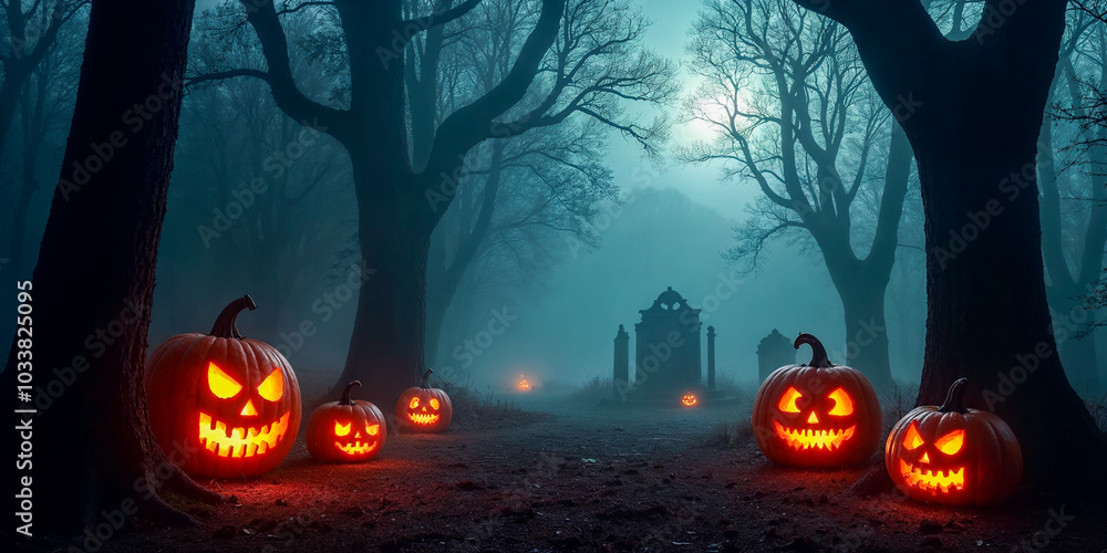 Glowing Pumpkins in a Dark, Haunted Forest Glowing Pumpkins in a Dark, Haunted Forest