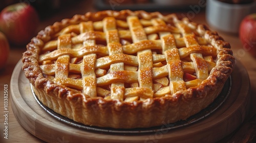 Delicious freshly baked apple pie with a lattice crust on a wooden plate, tempting with its golden brown crust and juicy apple filling