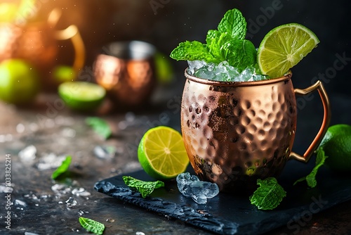 Artisanal Moscow Mule with Fresh Ingredients on Dark Slate Background