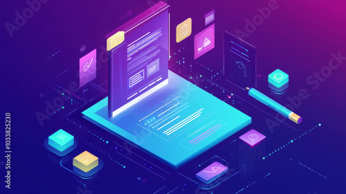 A holographic representation of an electronic contract or digital signature, illustrating the concept of online voting. This design reflects a mobile document manager and the business aspect of electr