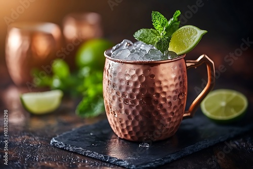 Classic Moscow Mule Cocktail Served with Lime and Mint Garnish