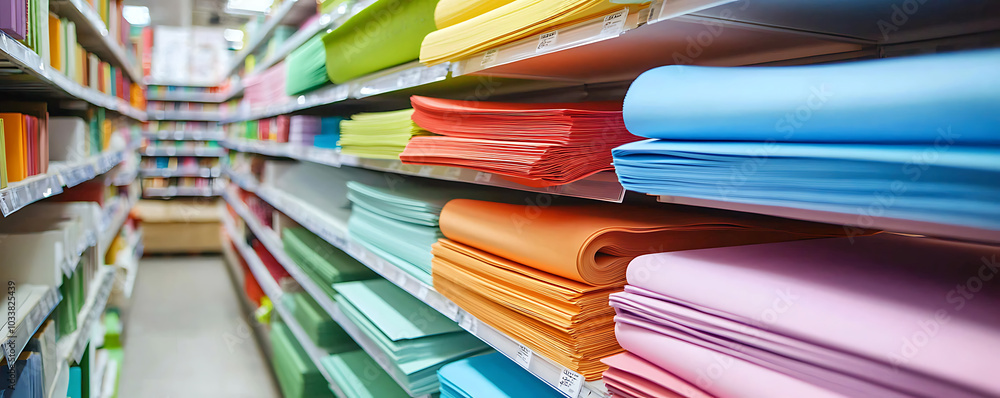 Fototapeta premium Stacked Multi-colored Paper Sheets on Store Shelves