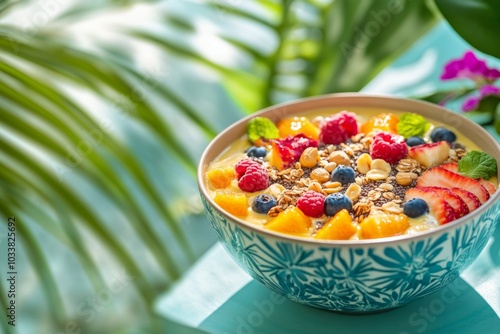 A vibrant bowl filled with fresh fruits and oats. The perfect breakfast for a healthy start. Enjoy a refreshing meal in a tropical setting. Generative AI photo