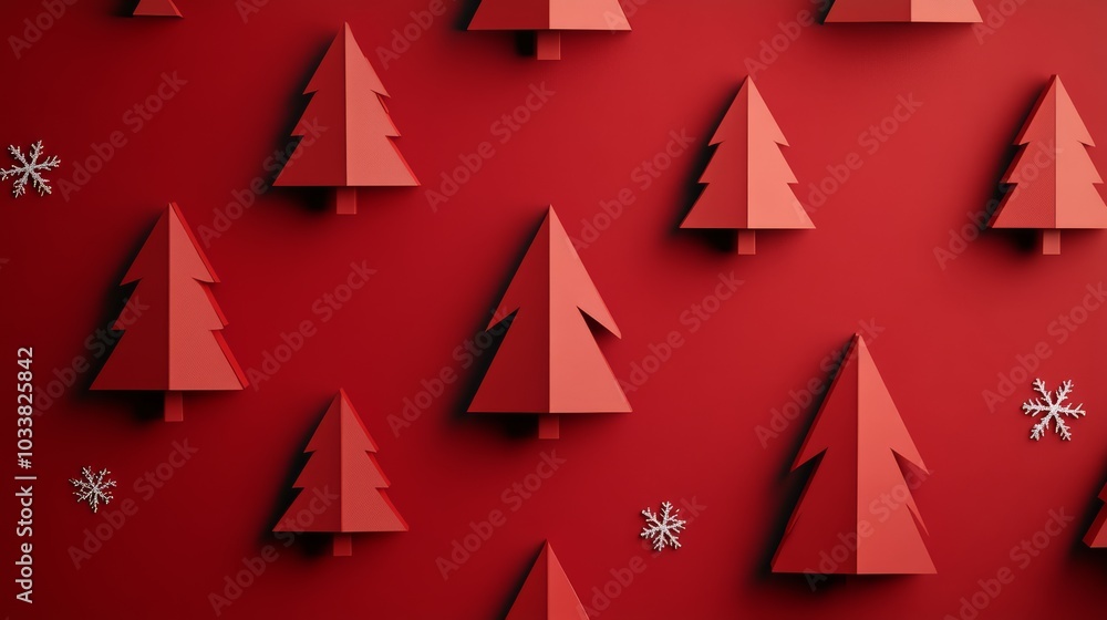 Minimalist Christmas red trees background with a geometric pattern that appears embossed