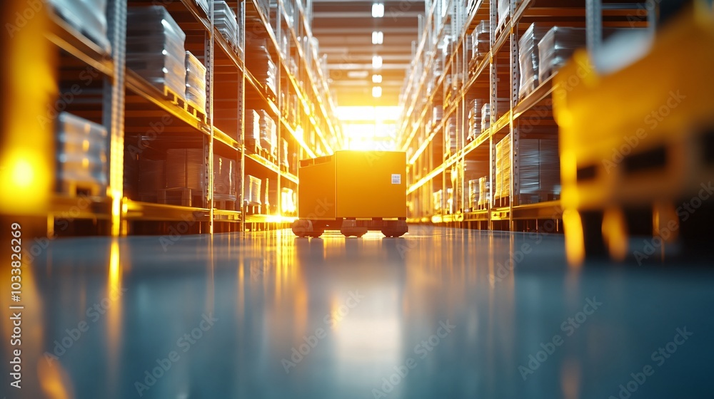 Wide Angle View of Warehouse Aisles and Neatly Stacked Goods Wide Angle View of Warehouse Aisles and Neatly Stacked Goods